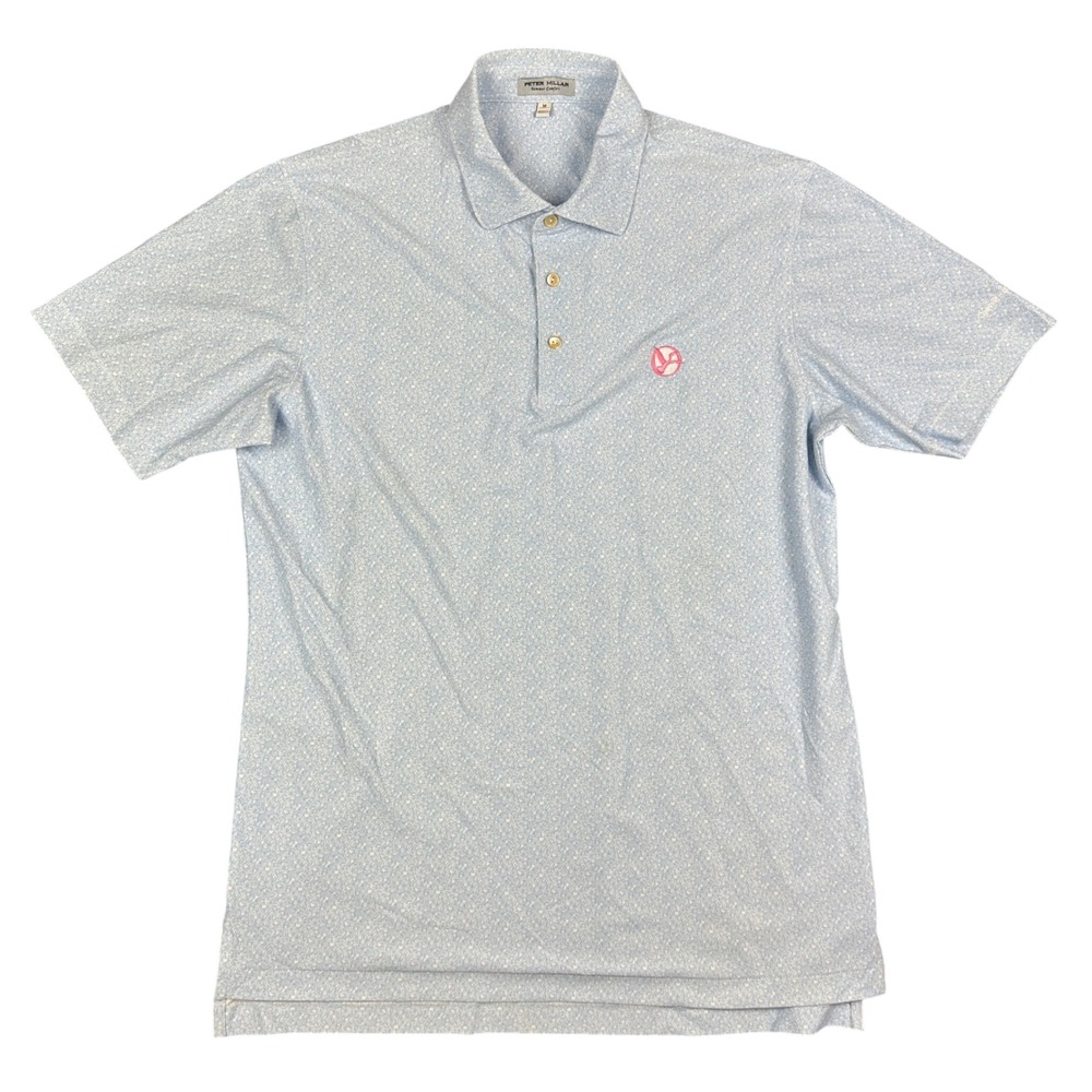 Peter Millar Summer Comfort Polo Shirt Blue Abstract Print Bird Logo Mens Medium